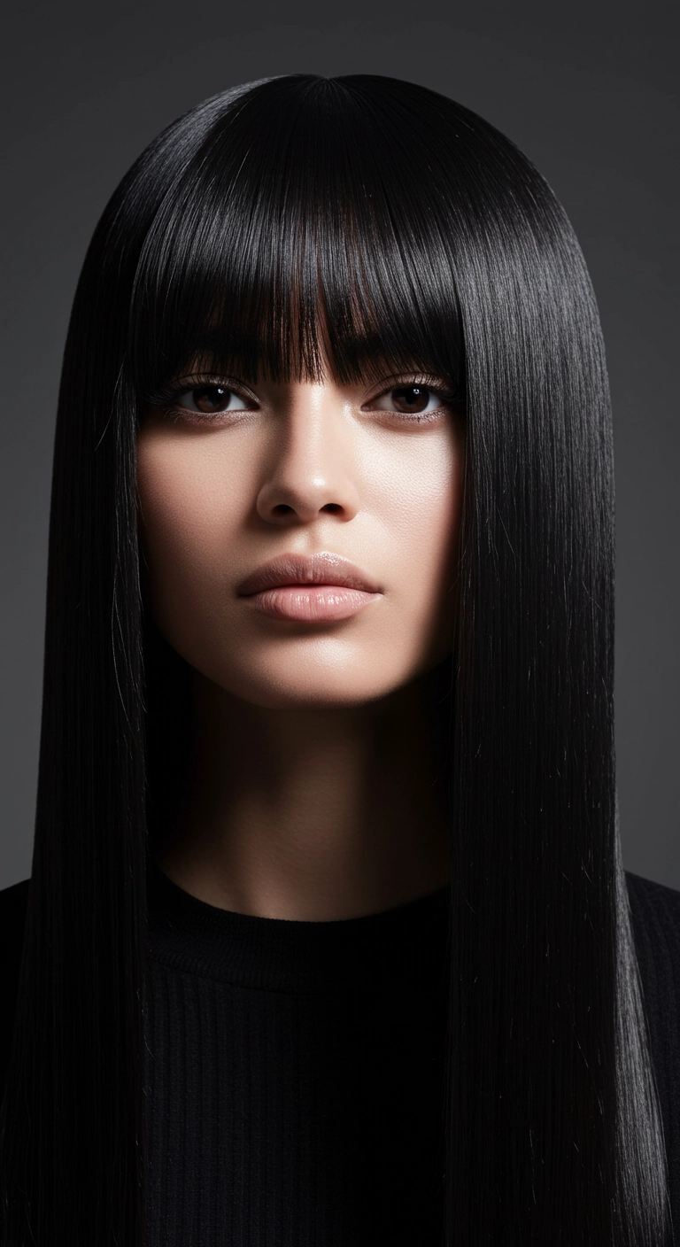 Liquid Glass Jet Black Sleek Hair with Full Brow-Skimming Bangs