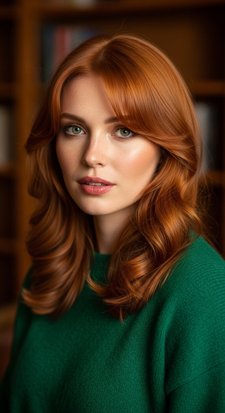 Voluminous Copper Blowout with Swept Curtain Bangs