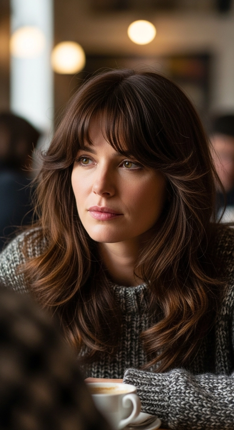 Feathered 70s Chocolate Brown Blowout with Birkin Bangs