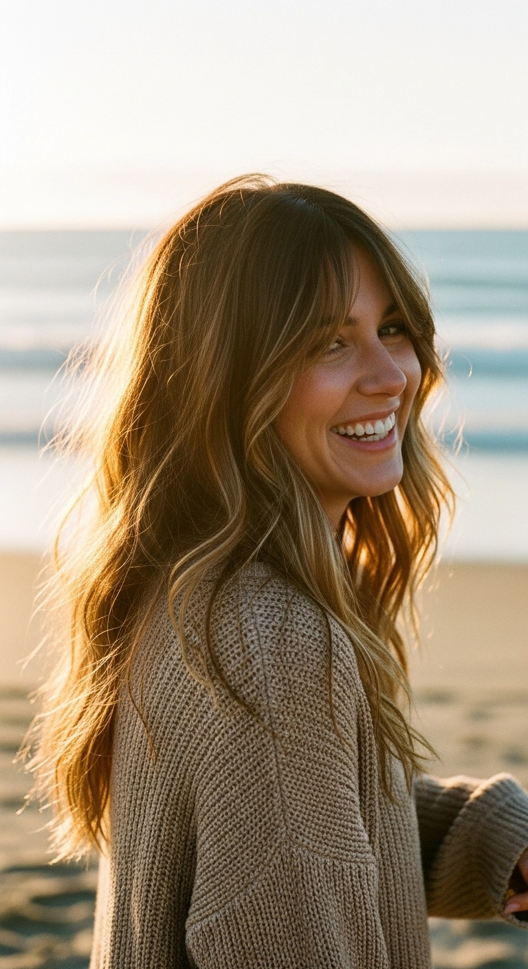Golden Balayage Long Waves with Curtain Bangs