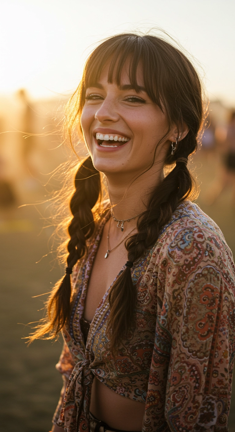 Boho Festival Twin Pigtail Braids with Wispy Bangs