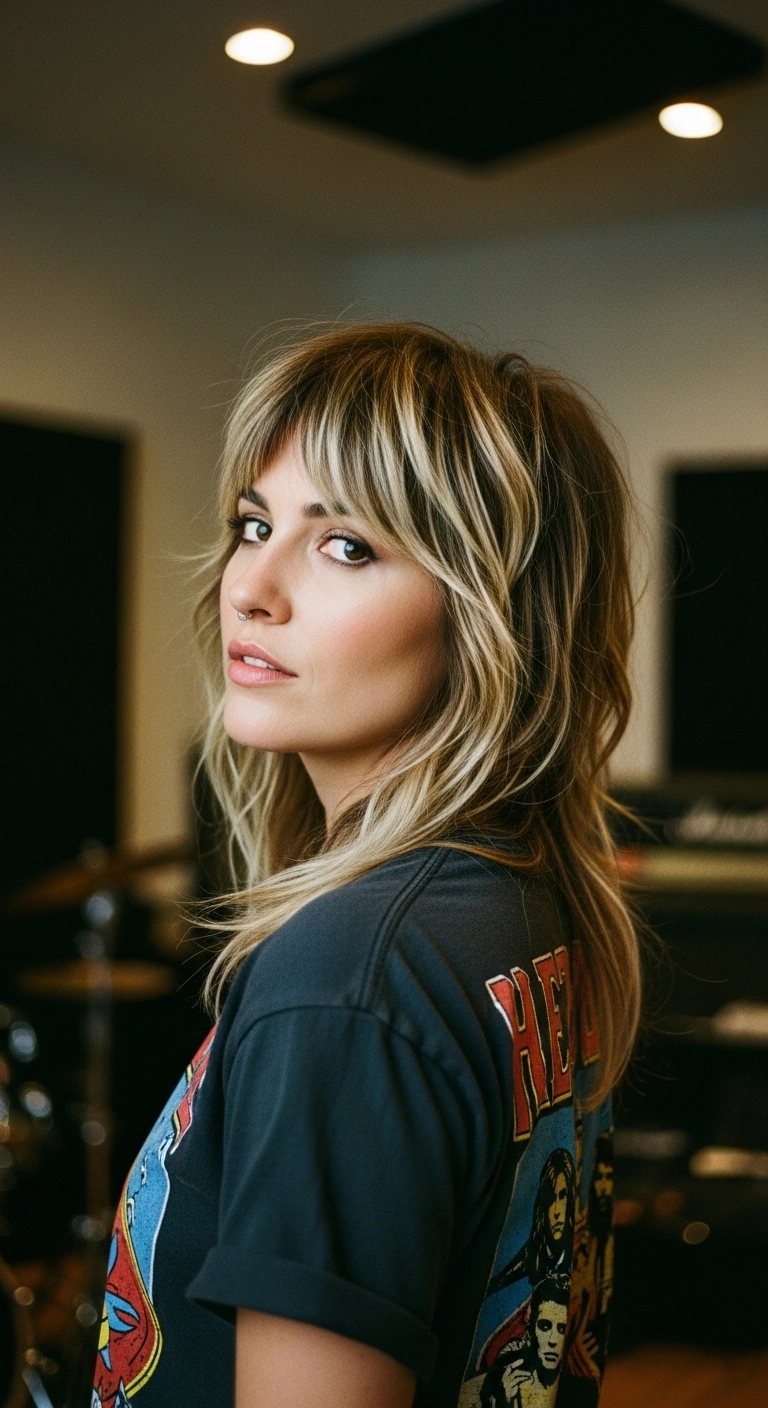 Effortless 70s-Inspired Shag with Blonde Highlights