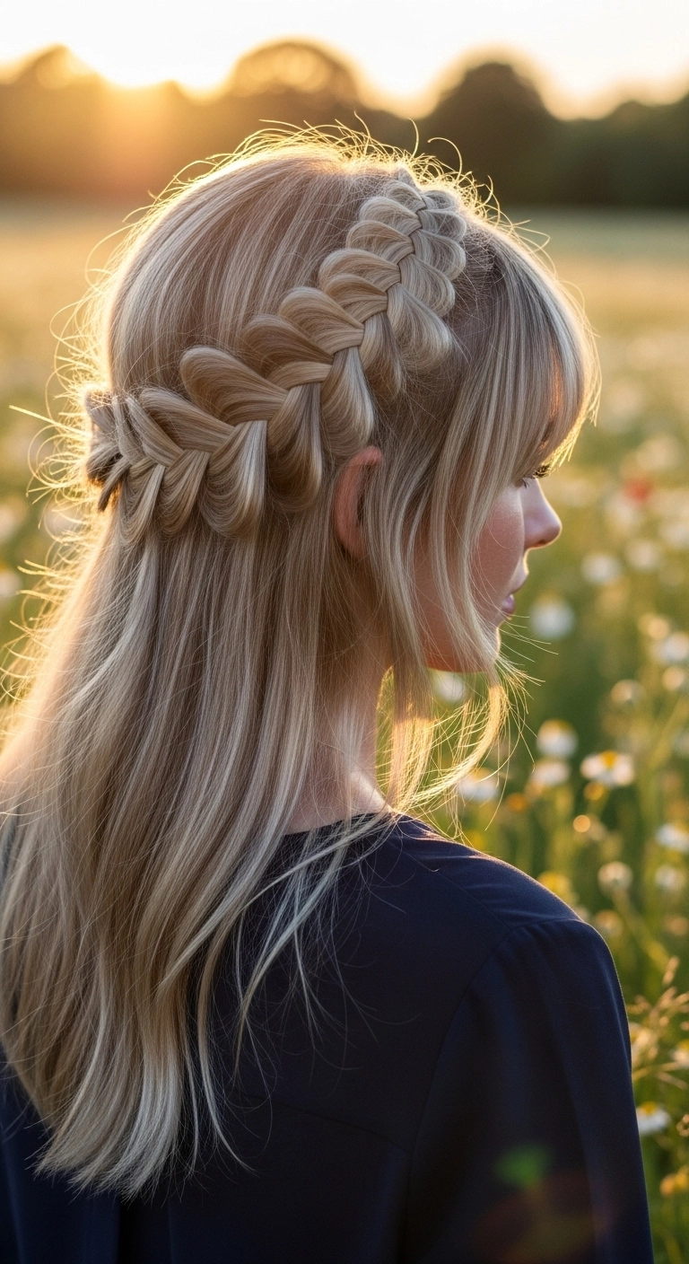 Romantic Pancaked Dutch Crown Braid with Soft Fringe