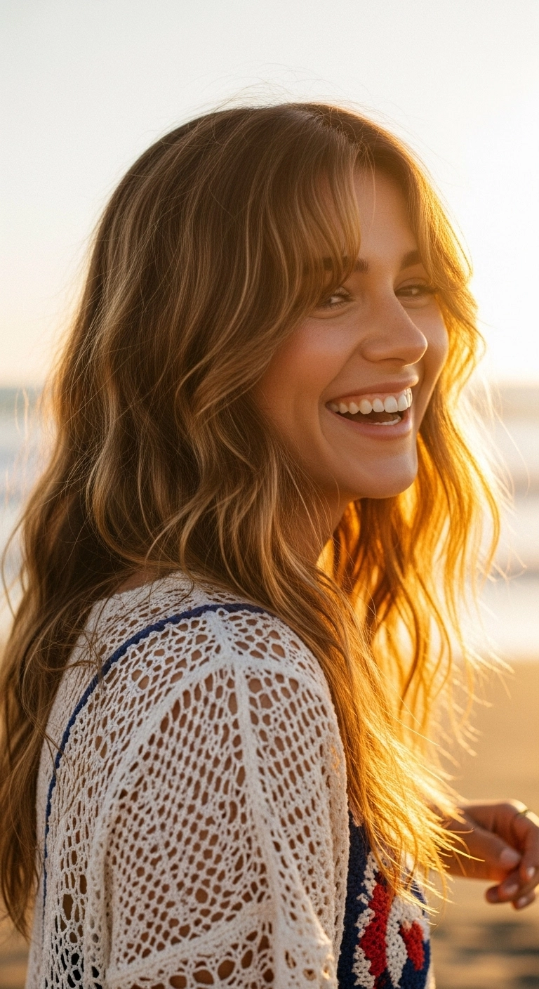 Sun-Kissed Golden Balayage with Effortless Waves and Curtain Bangs
