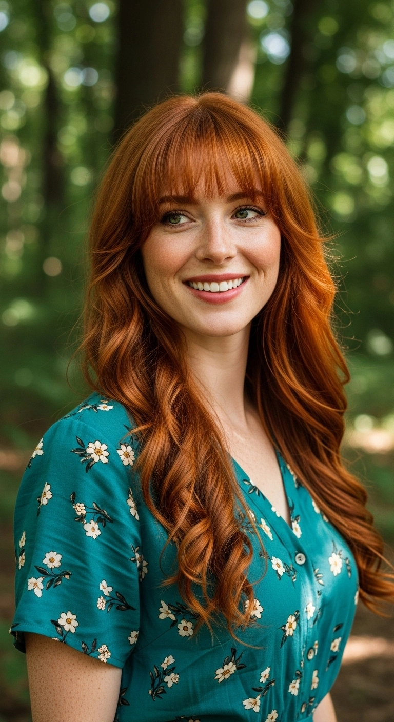 Lush Copper Long Layers with Wispy Brow-Skimming Fringe