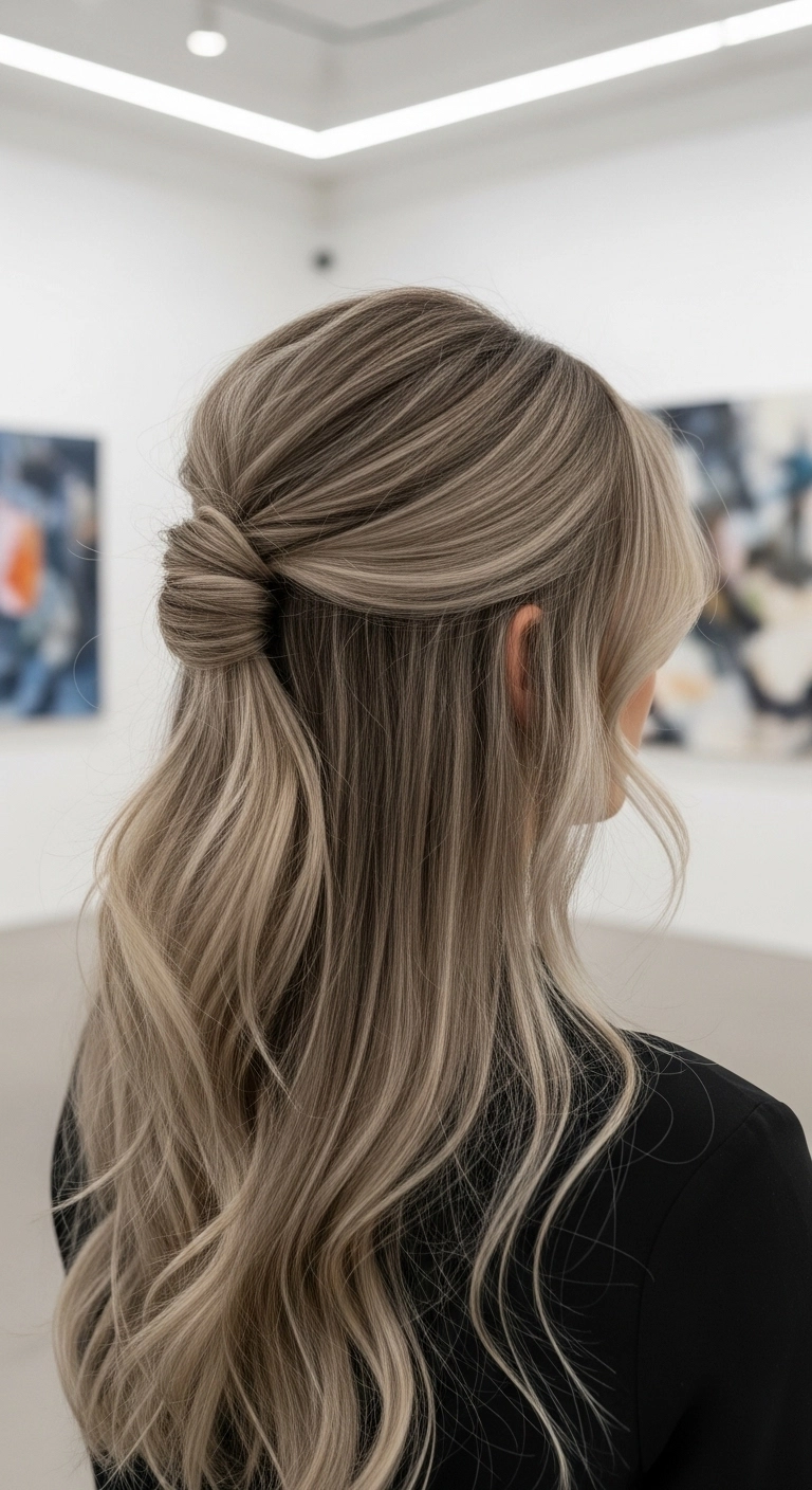 Mushroom Blonde Half-Up Twisted Knot with Soft Waves