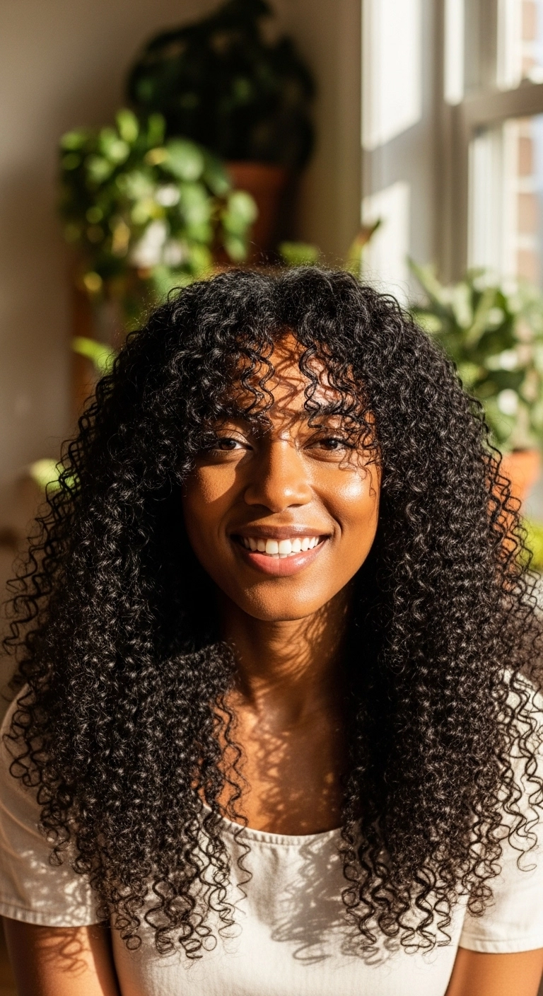 Voluminous Long Curly Shag with Wispy Curls Bangs