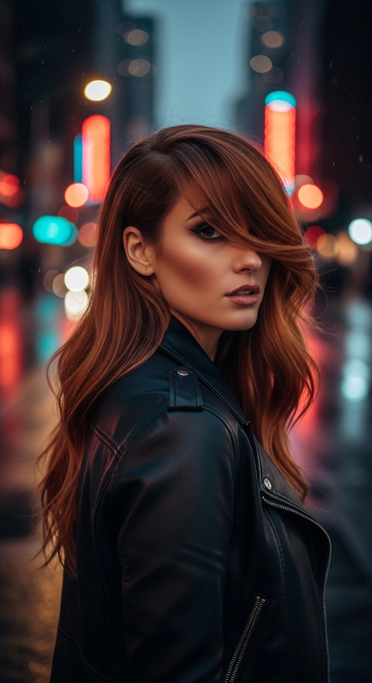 Edgy Auburn Blowout with Dramatic Side-Swept Bangs