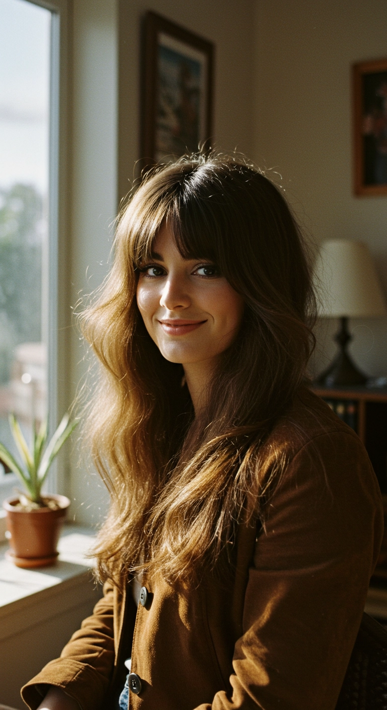 70s-Inspired Birkin Bangs with Warm Chestnut Layers
