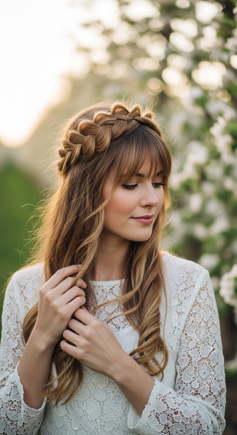 Romantic Dutch Braid Crown Headband with Wispy Bangs