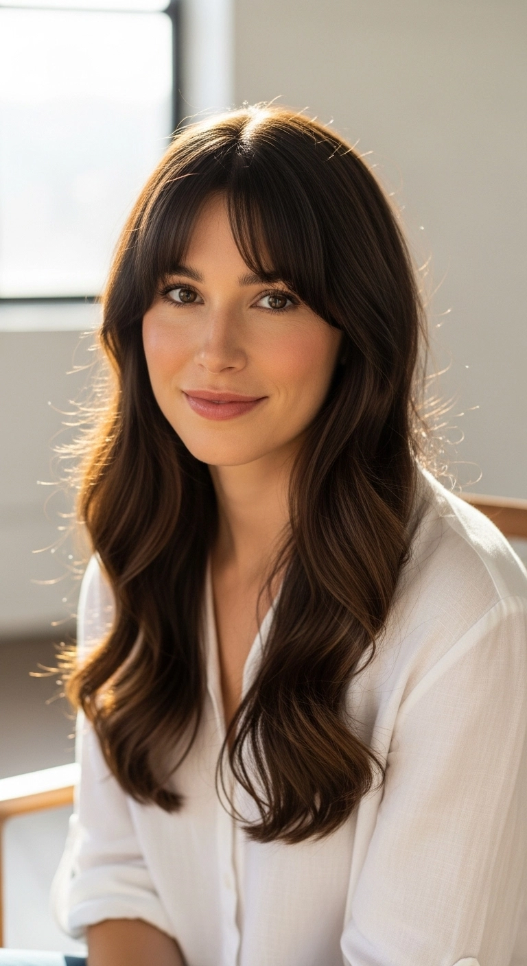 Glossy Chocolate Brunette Blowout with Bottleneck Bangs