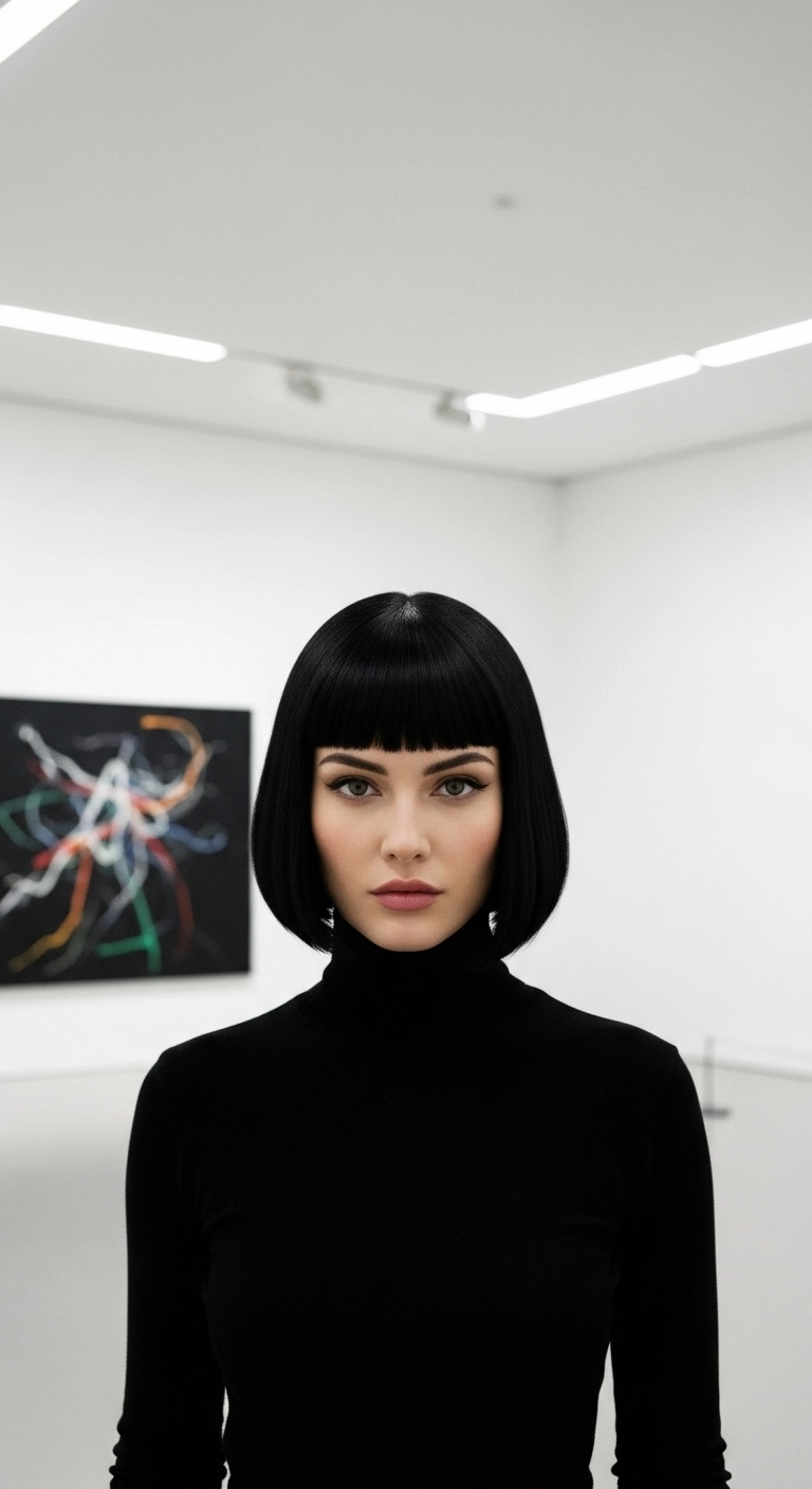 Sleek Jet Black Blunt Bob with Straight-Across Bangs