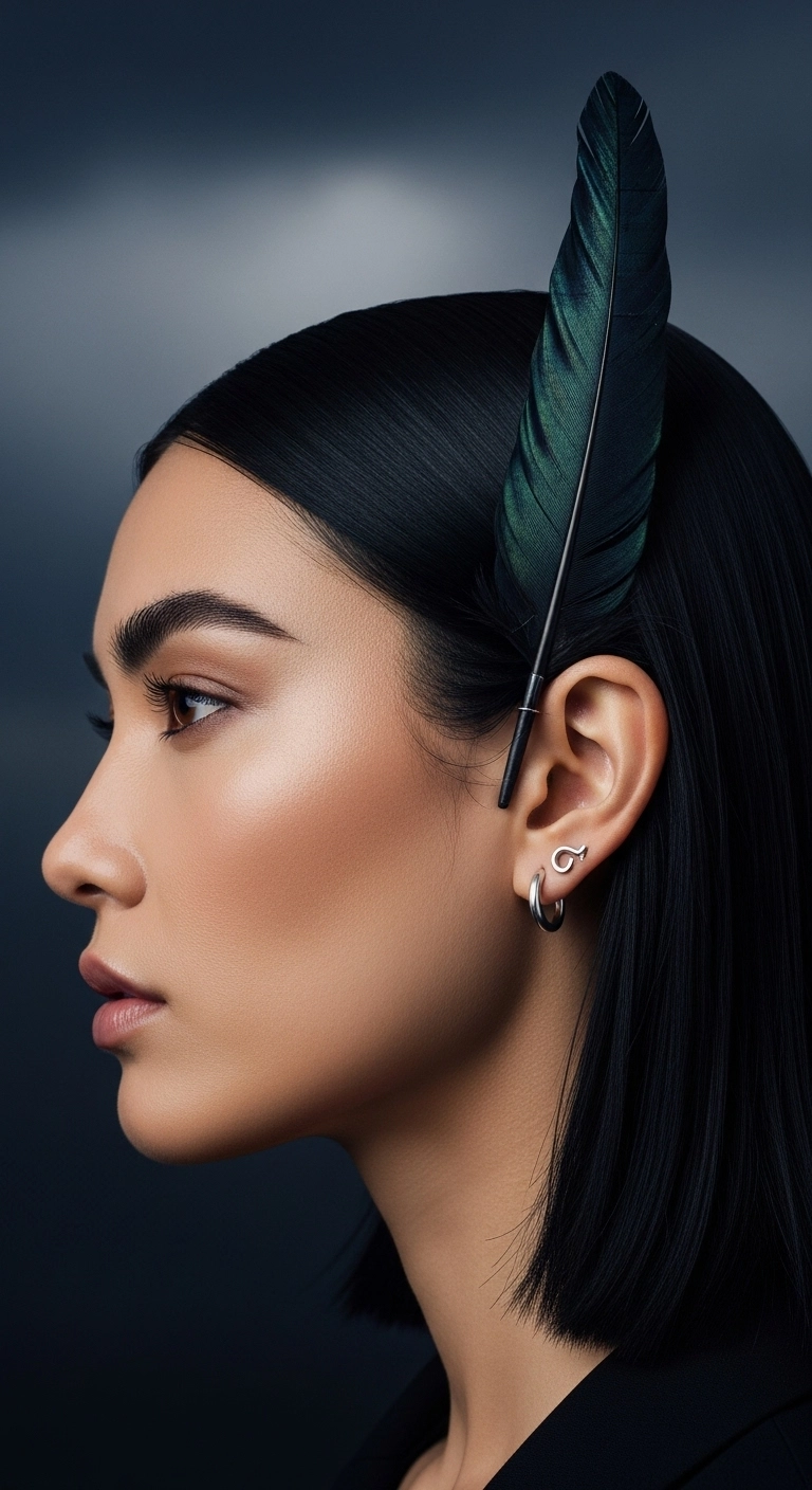 Ultra-Sleek Glass Lob with Statement Feather Accent
