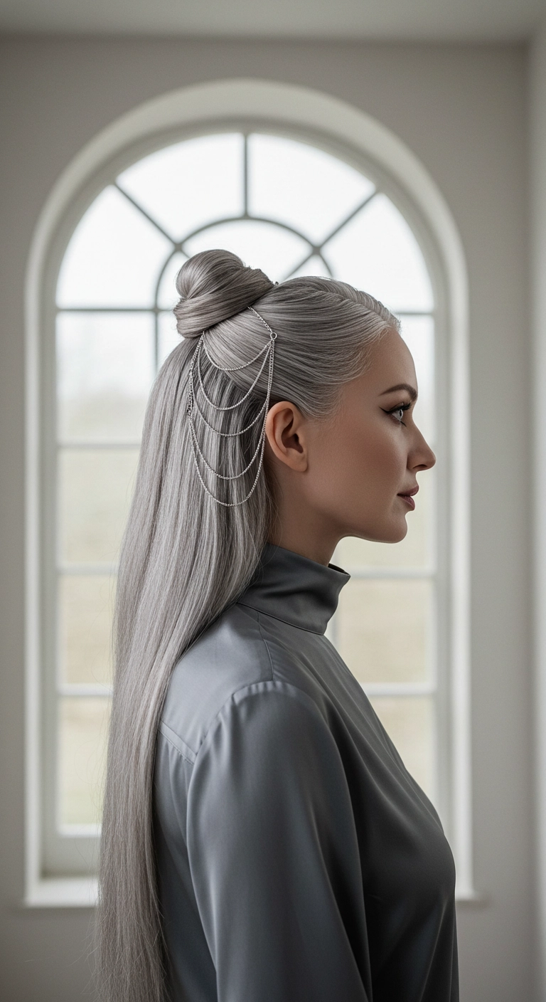 Sleek Silver Half-Up Top Knot with Cascading Chain Detail