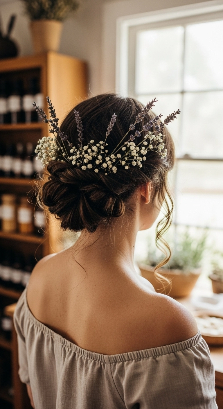 Romantic Floral Low Bun with Tendrils