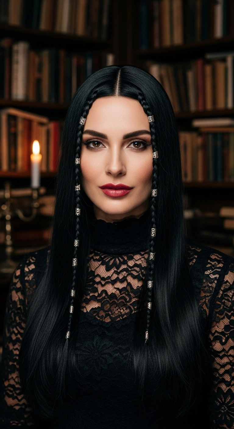 Sleek Raven Black Hair with Silver-Adorned Face-Framing Baby Braids