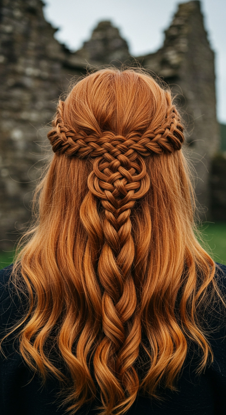 Intricate Celtic Knot Half-Up Braid on Wavy Copper Hair