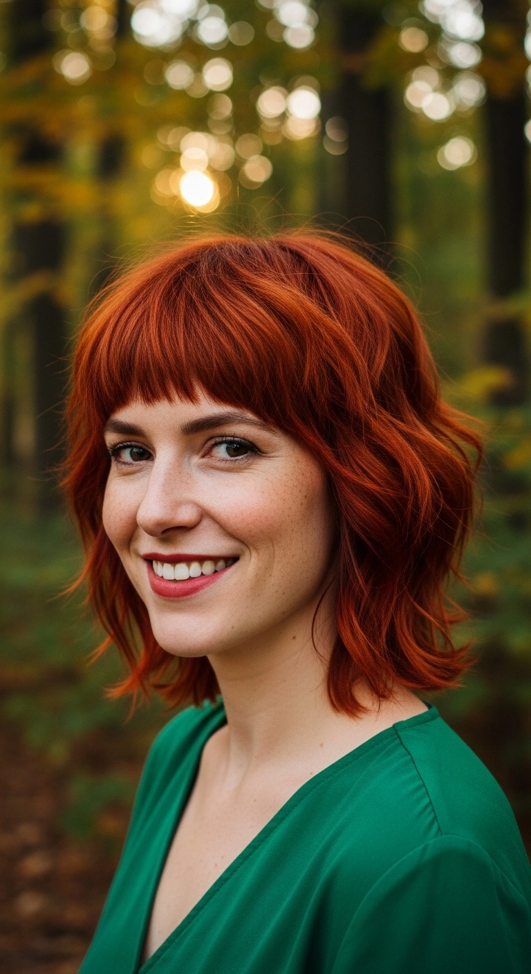 Textured Copper Lob with Choppy Bangs