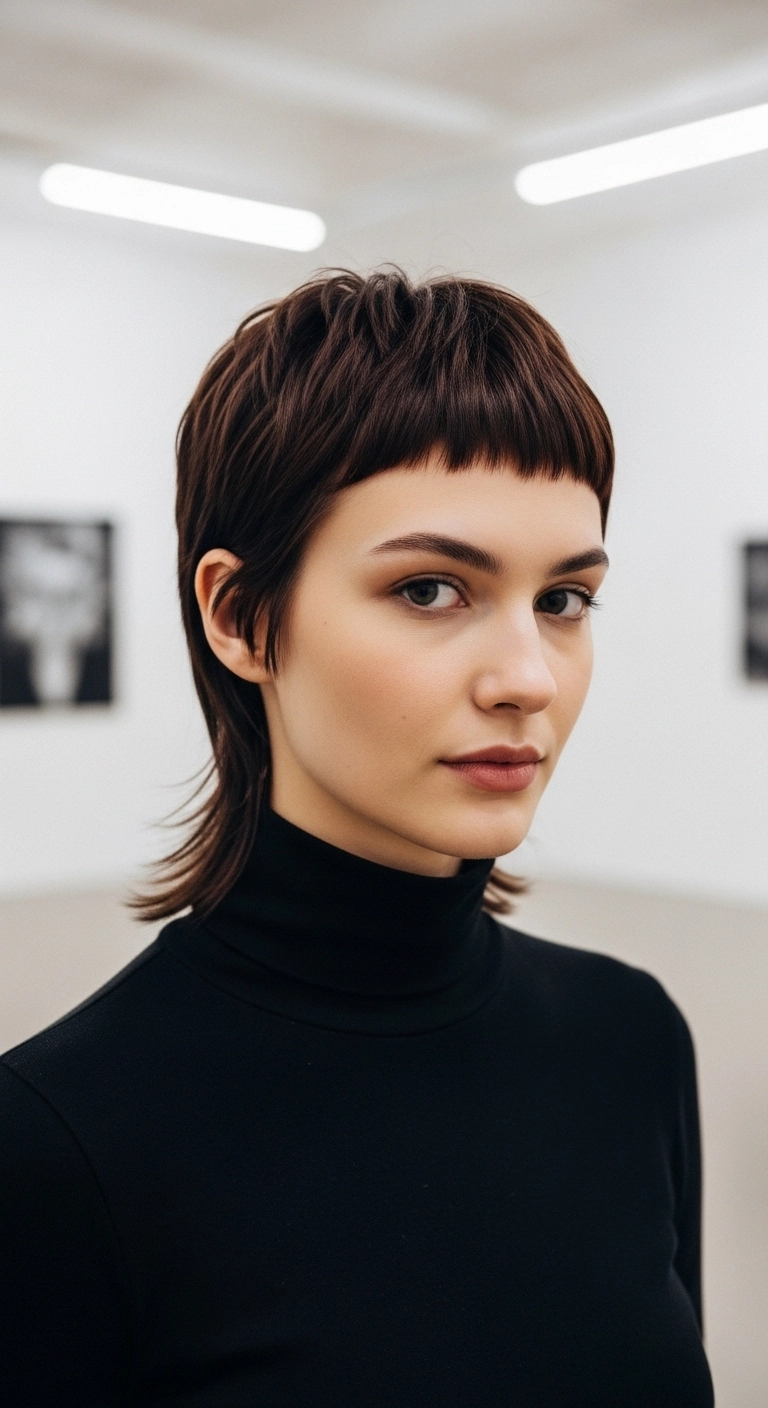 Edgy Dark Brunette Mixie Cut with Textured Micro Bangs