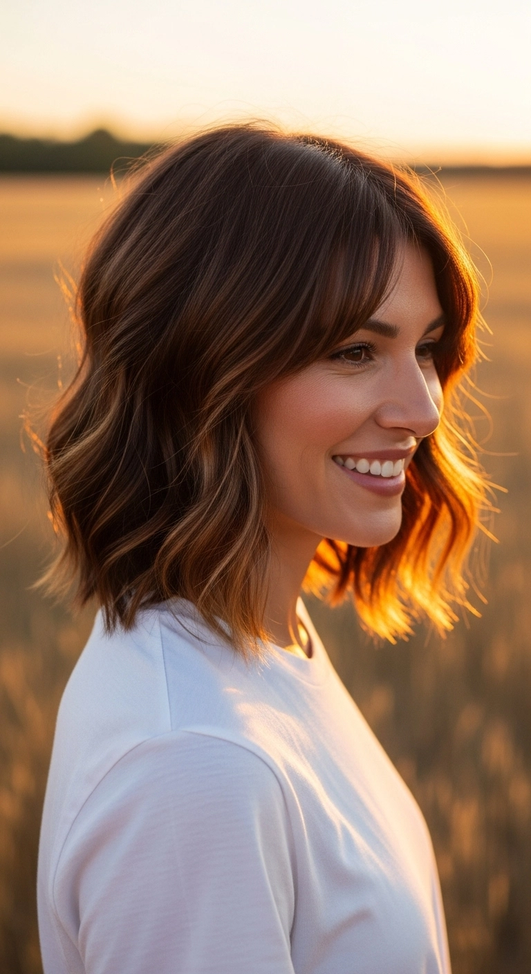 Sun-Kissed Caramel Balayage Textured Lob with Curtain Bangs