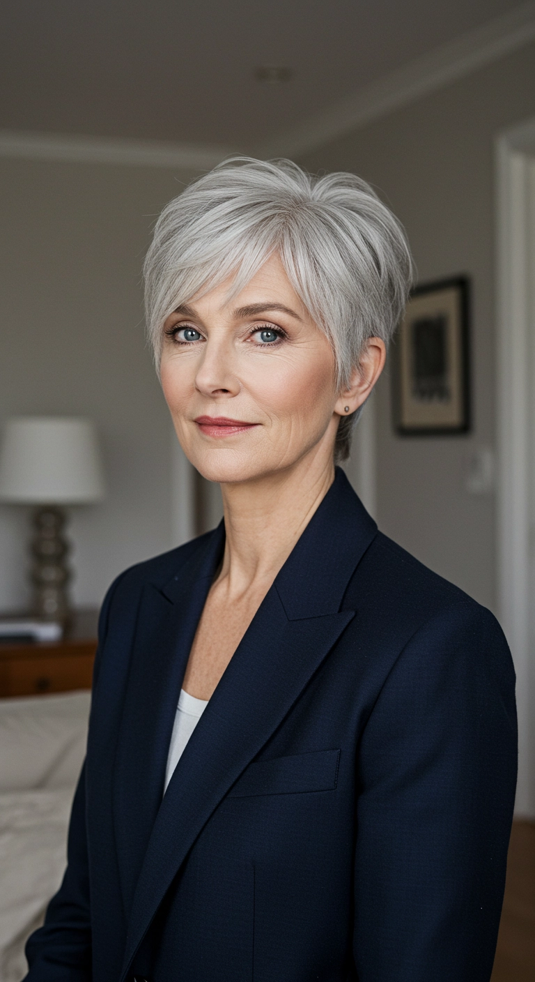 Chic Tapered Silver Pixie with Soft Side-Swept Bangs