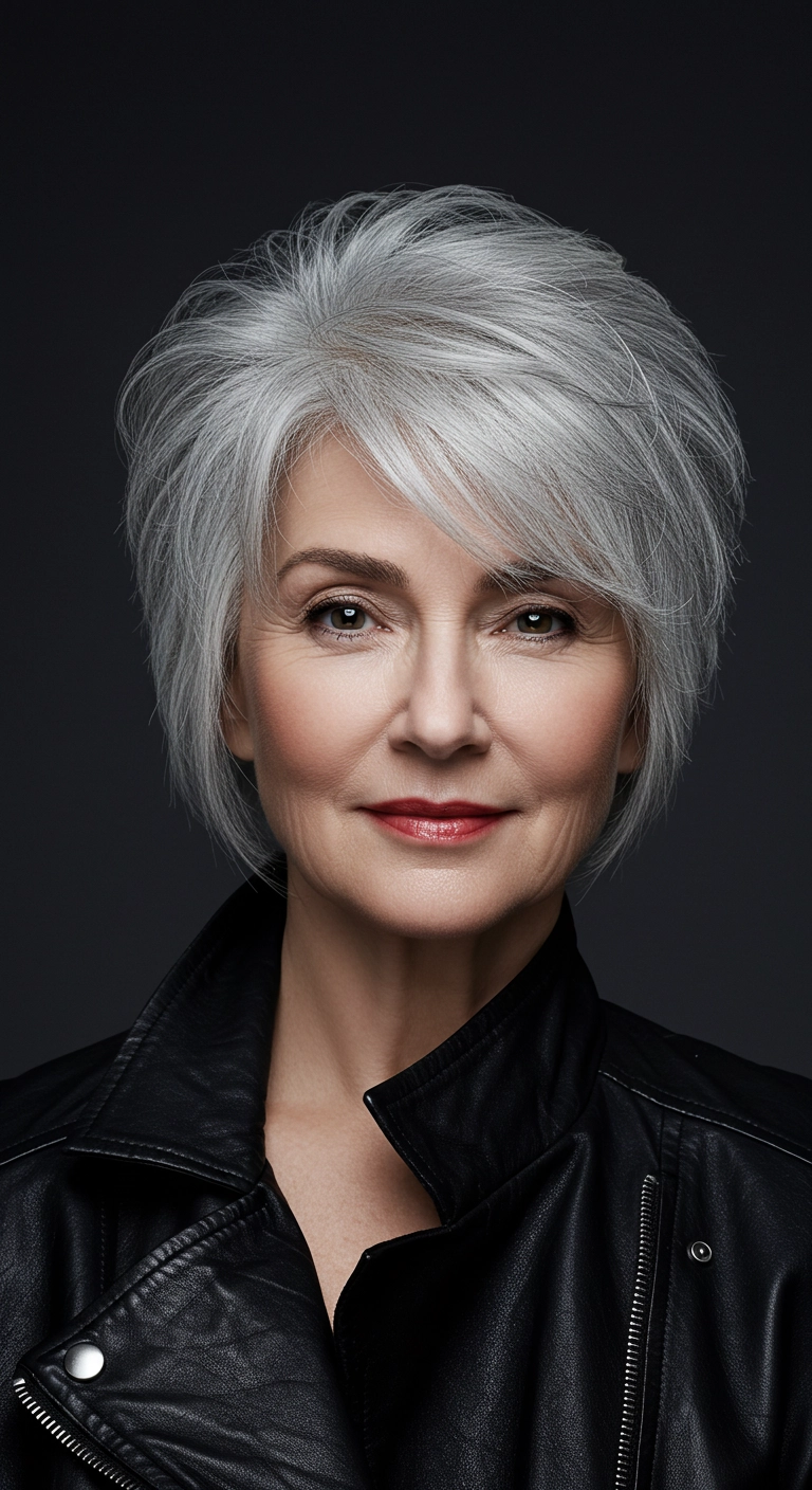 Voluminous Silver Bixie Cut with Sweeping Bangs