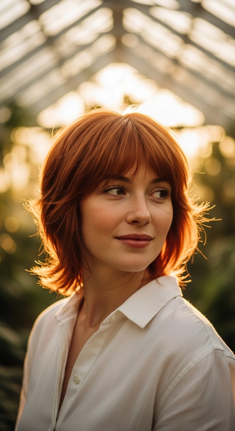 Feathered Copper Shaggy Bob with Wispy Curtain Bangs