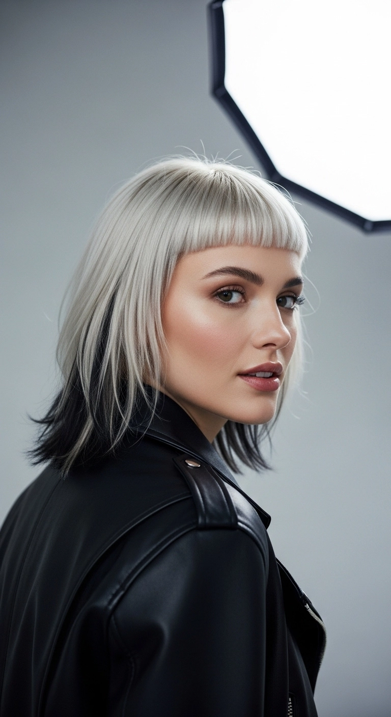 Icy Platinum Lob with Black Underlights and Micro Bangs