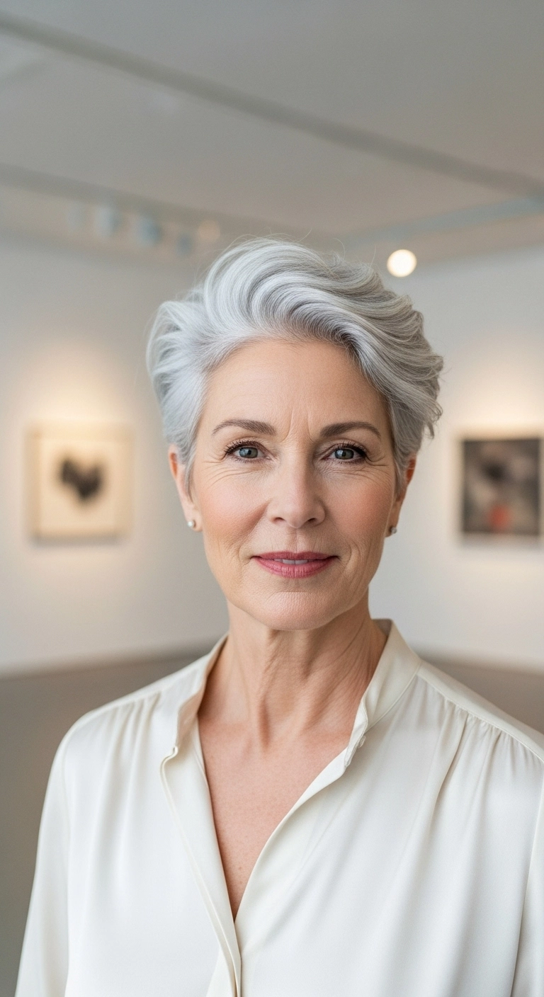 Voluminous Swept-Back Silver Pixie Cut