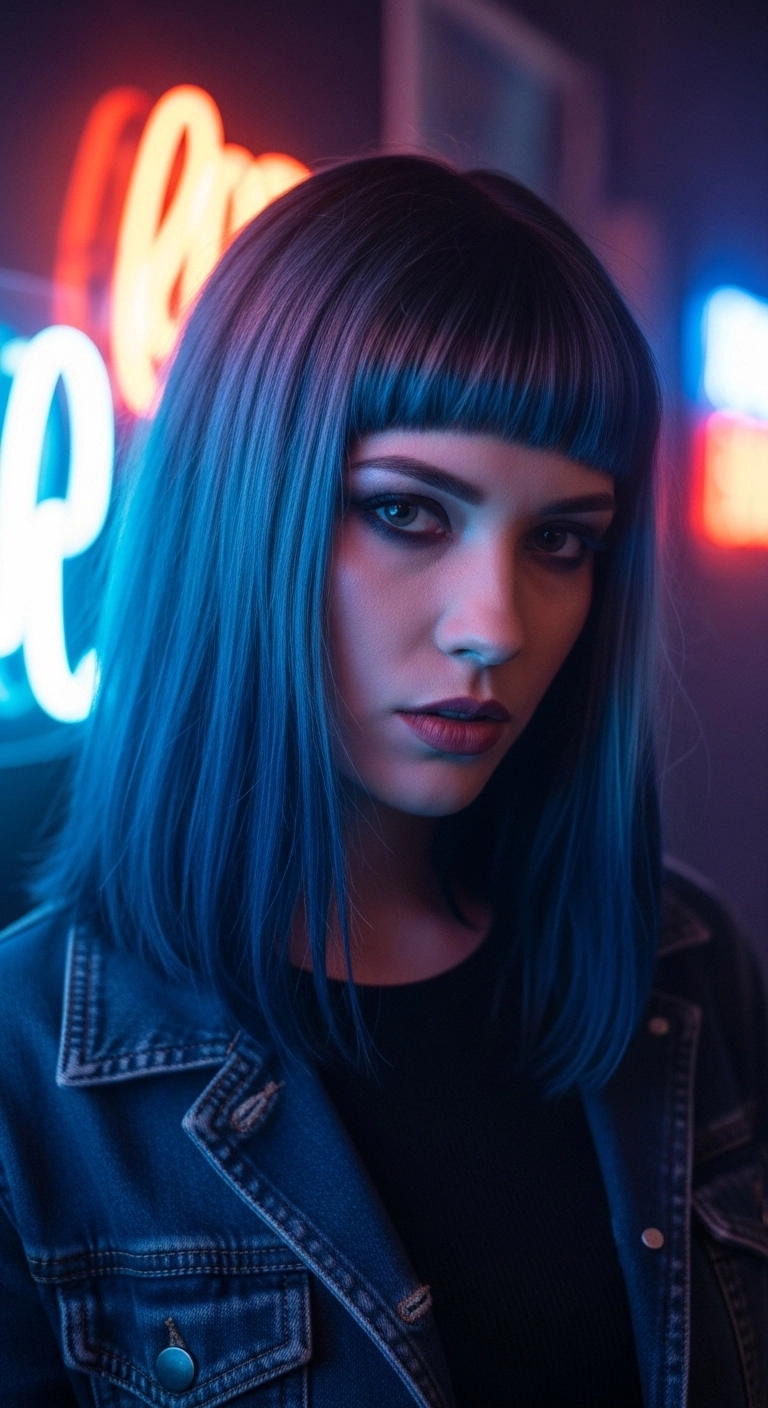 Midnight Blue Blunt Lob with Micro Bangs