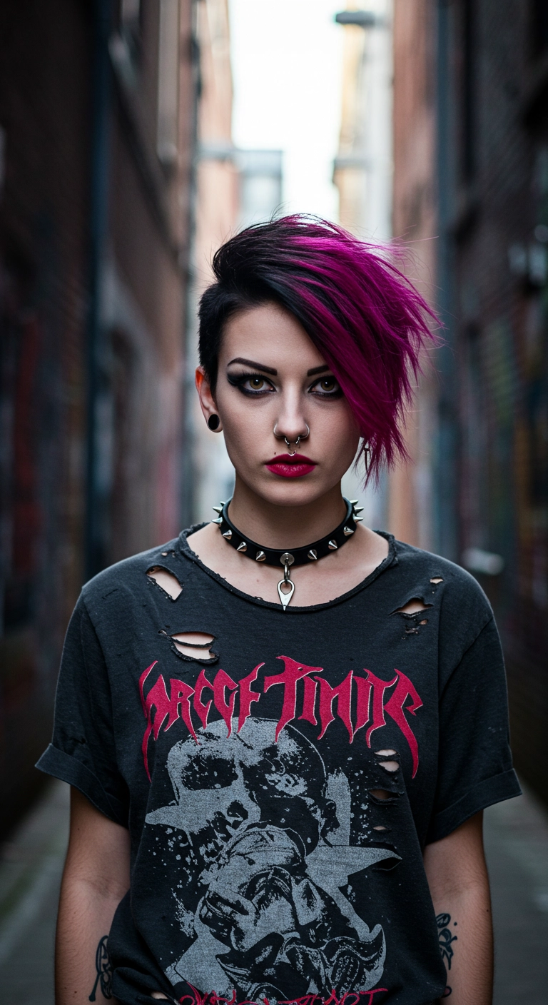 Edgy Asymmetrical Pixie with Magenta Color Block Fringe