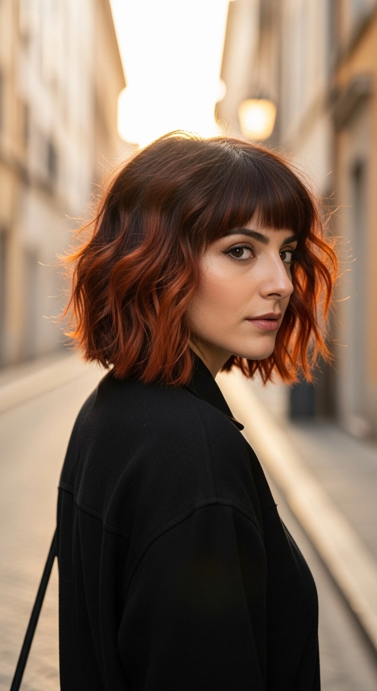 Lived-In Copper Melt Textured Bob with Bangs