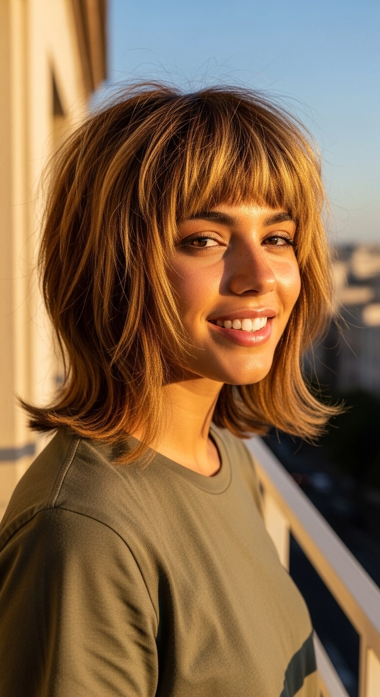 Sun-Kissed Golden Shag Lob with Wispy Bangs