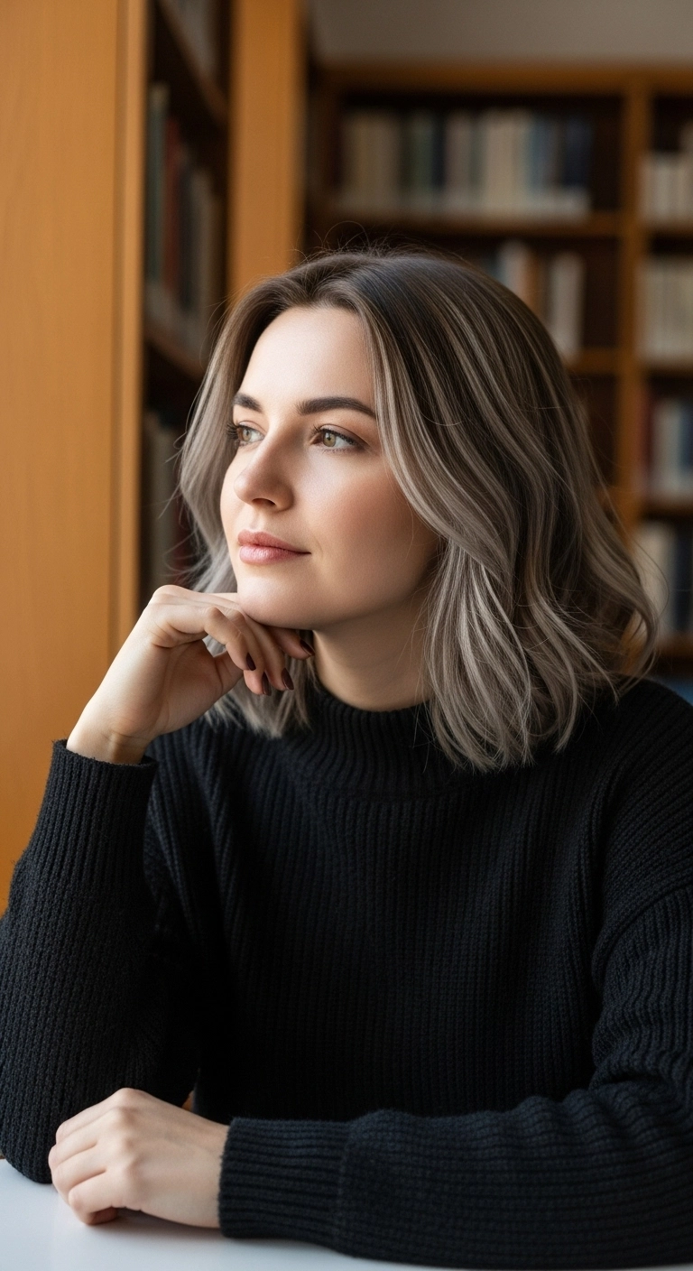 Mushroom Ash Blonde Balayage Textured Lob