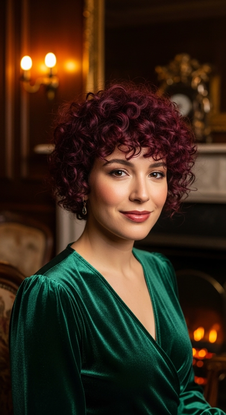 Burgundy Curly Bob with Full Ringlet Fringe