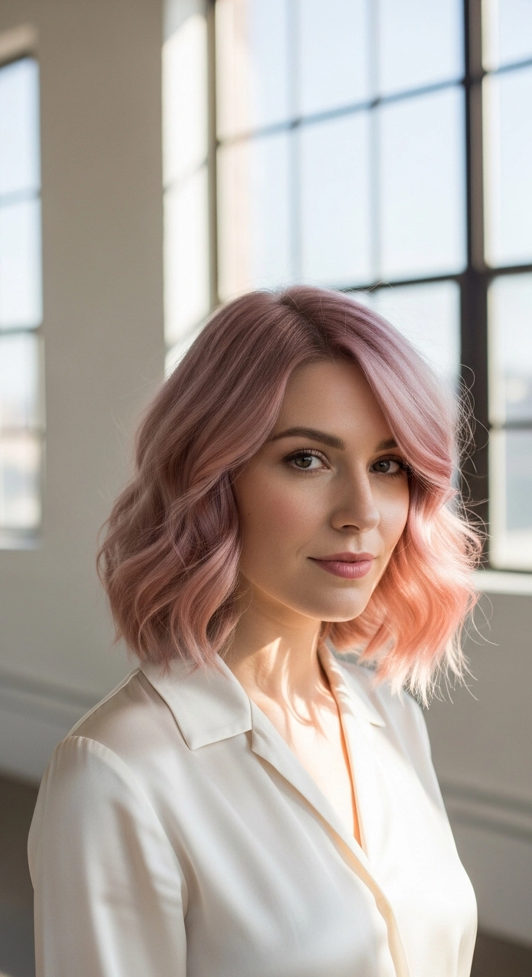 Dusty Pastel Pink Textured Wavy Lob