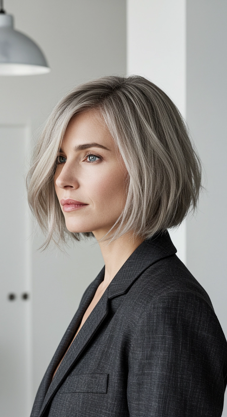 Chic Ash Silver Textured Bob with Side Swoop