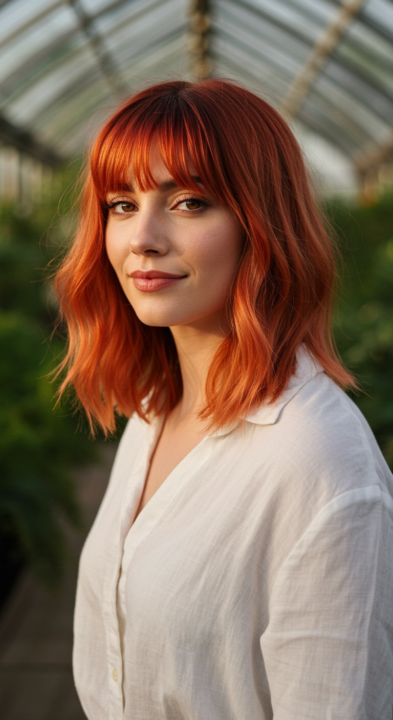 Vibrant Copper Textured Lob with Wispy Bangs