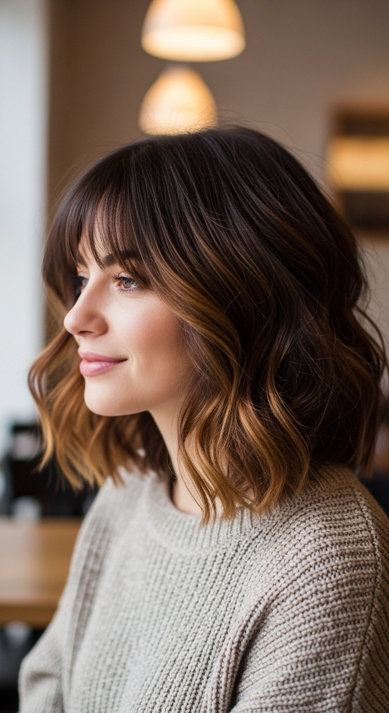 Wavy Caramel Balayage Lob with Wispy Bangs