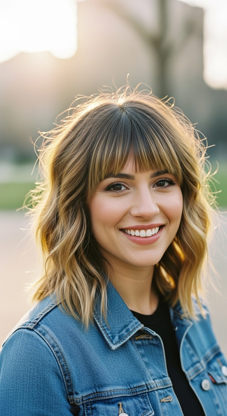 Sun-Kissed Balayage Textured Lob with Brow-Skimming Bangs