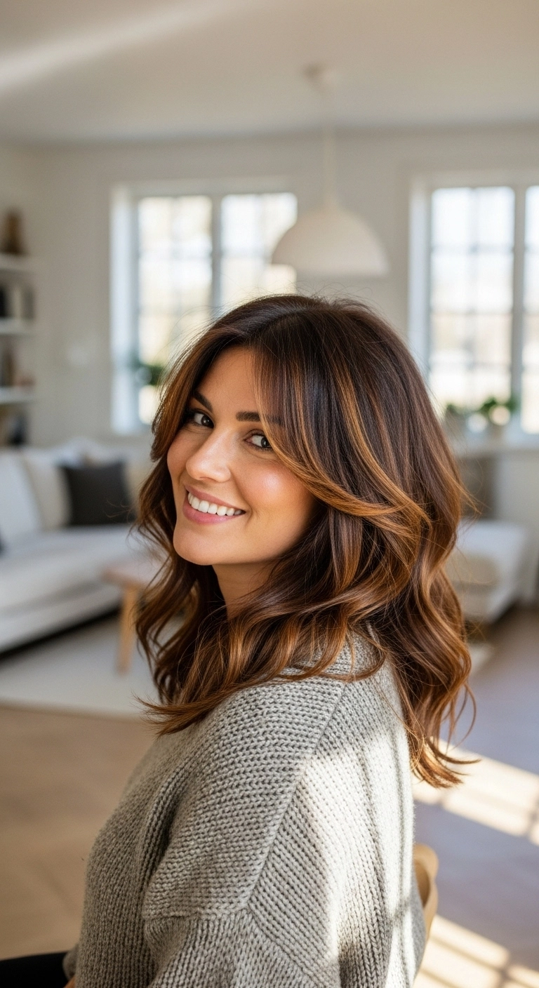 Warm Caramel Balayage with Sweeping Curtain Layers