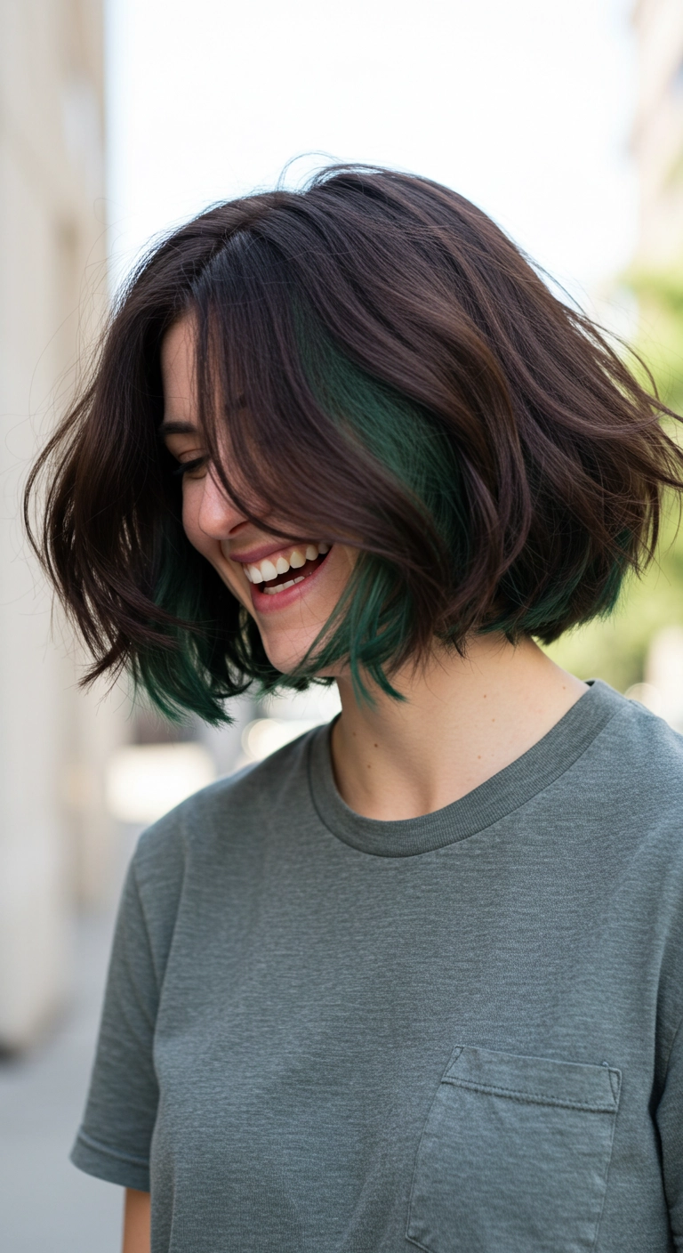 Tousled Dark Brunette Bob with Emerald Green Peekaboo Underlights