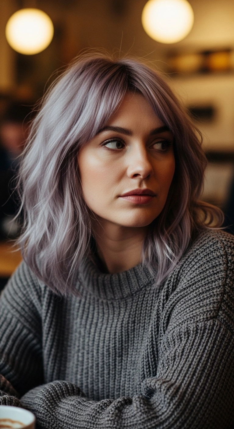 Smoky Lavender Wavy Lob with Curtain Bangs