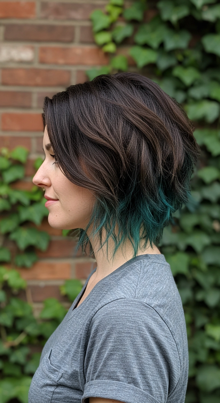 Textured Dark Brown Bob with Teal Underlights
