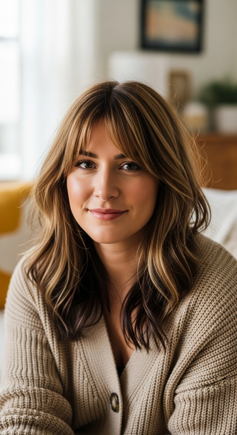 Honey Balayage Textured Lob with Bottleneck Bangs