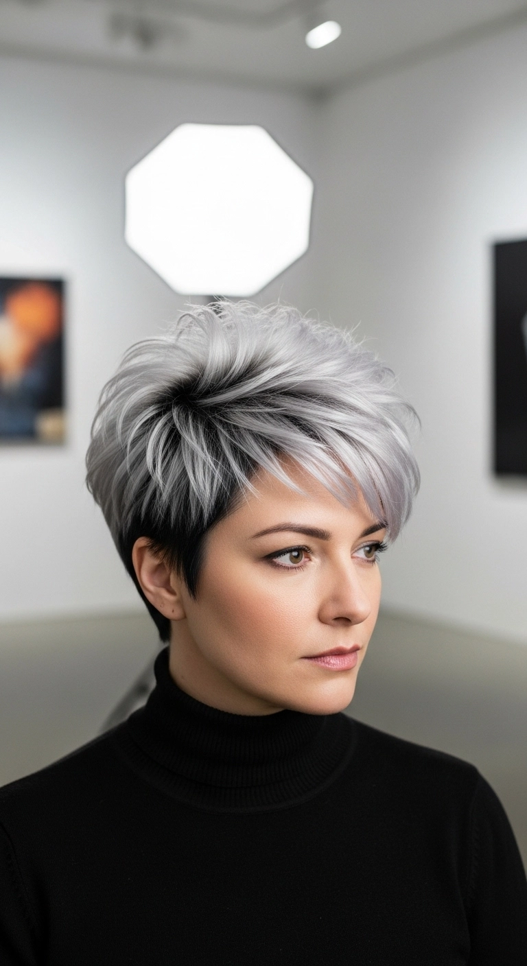 Icy Silver Textured Pixie with Shadow Undercut