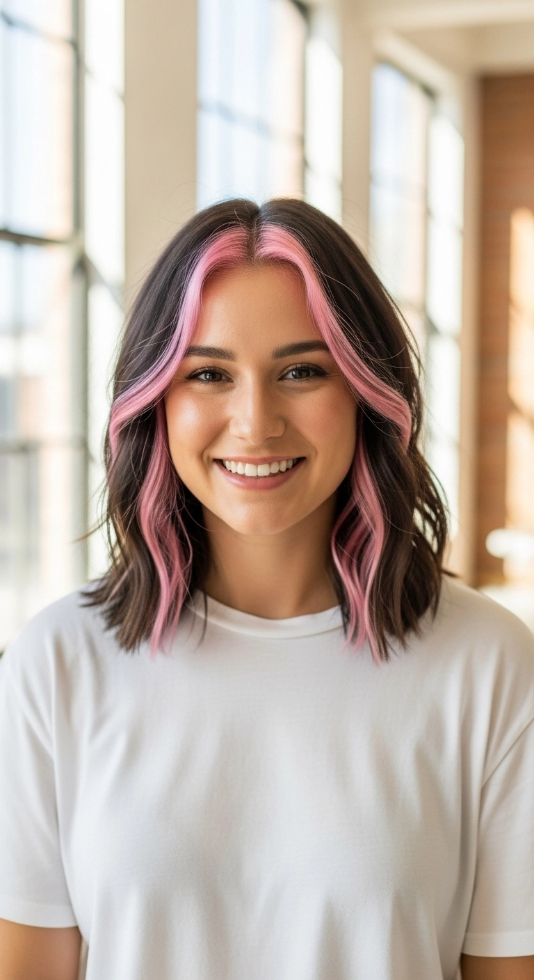 Dark Lob with Pastel Pink Money Piece