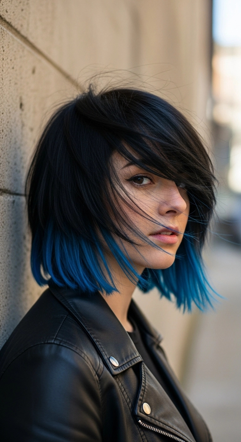 Edgy Choppy Bob with Electric Blue Dip Dye