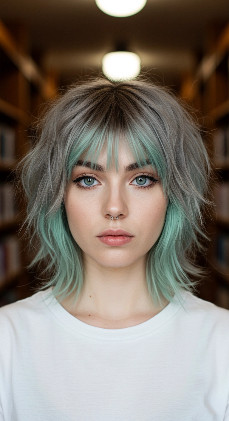 Smoky Silver Wolf Cut Lob with Mint Green Peekaboo Bangs