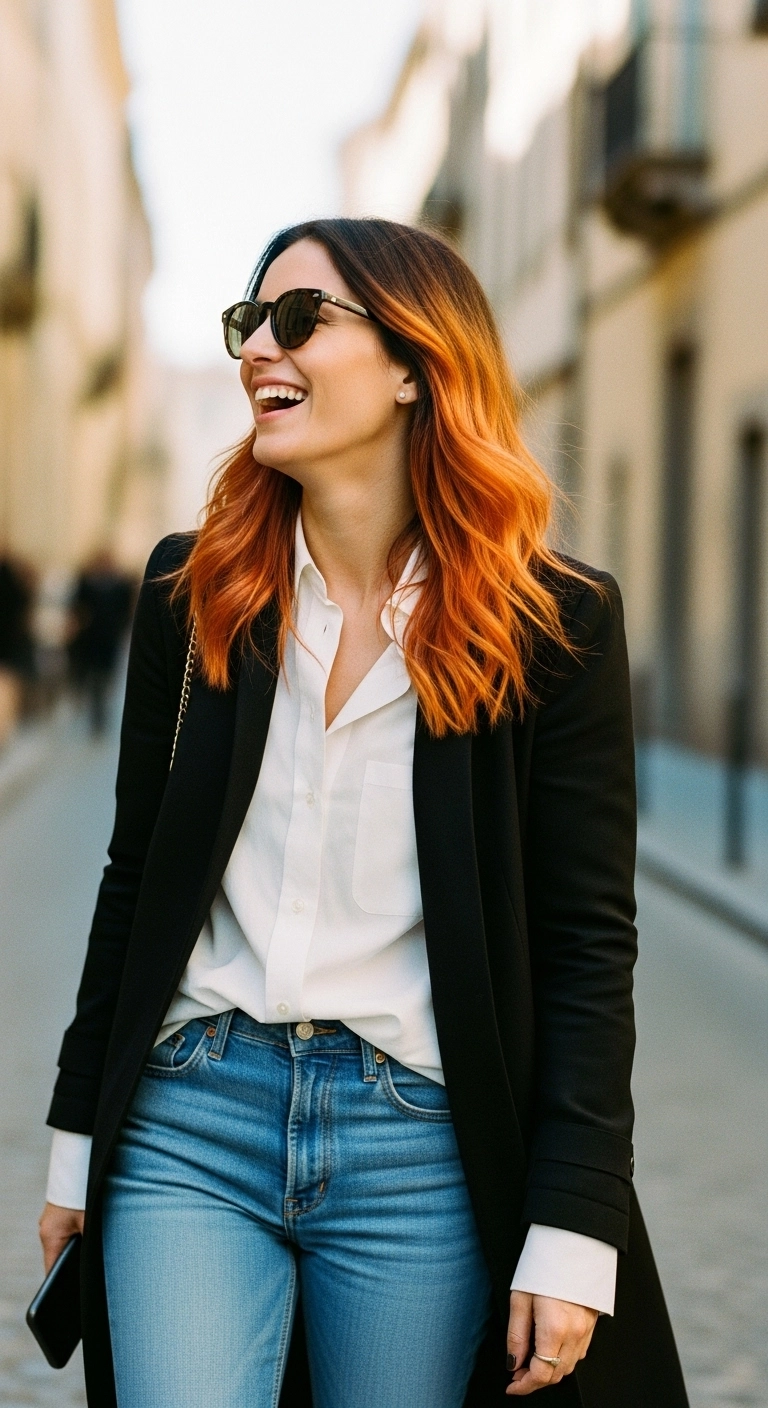 Fiery Copper Ombre Lob with Soft Waves